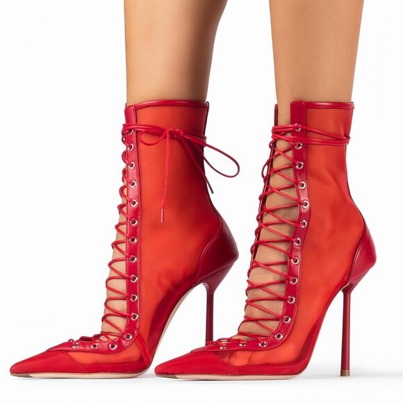 Women's Red Kitten High Heels Mesh Ankle Pointed Toe Lace-up Short Booties - Picture 2 of 5